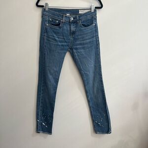 Rag & Bone Women's Fringe Hem Paint Stroke Denim Skinny Jeans Blue Size 25